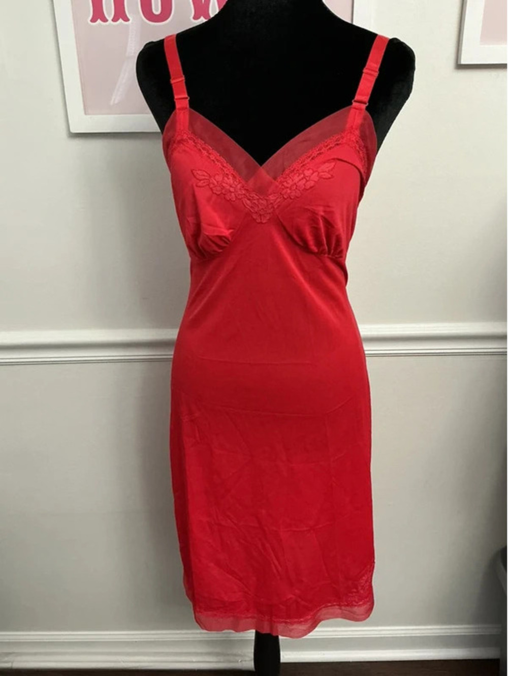 Vintage Lorraine Red Lace Full Slip Nightgown – Size 32